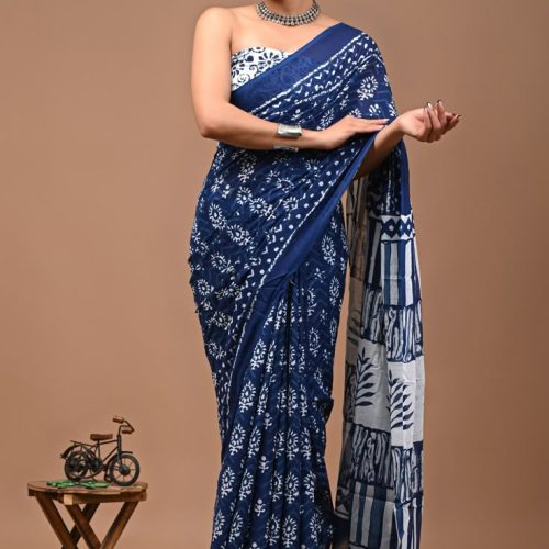 Crafts Moda Blue Cotton Saree for women Hand Block Bagru Print Floral Print Saree with Blouse Piece